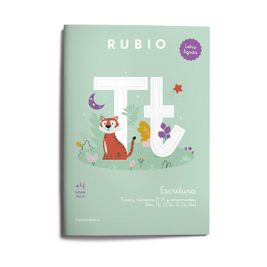 Escritura con letra ligada +4 años Vol 2 | RUBIO | Cuaderno para repasar trazos, números (1–7) y consonantes (Mm, Pp, Ll, Ss, Tt, Dd, Nn) | Tamaño A4