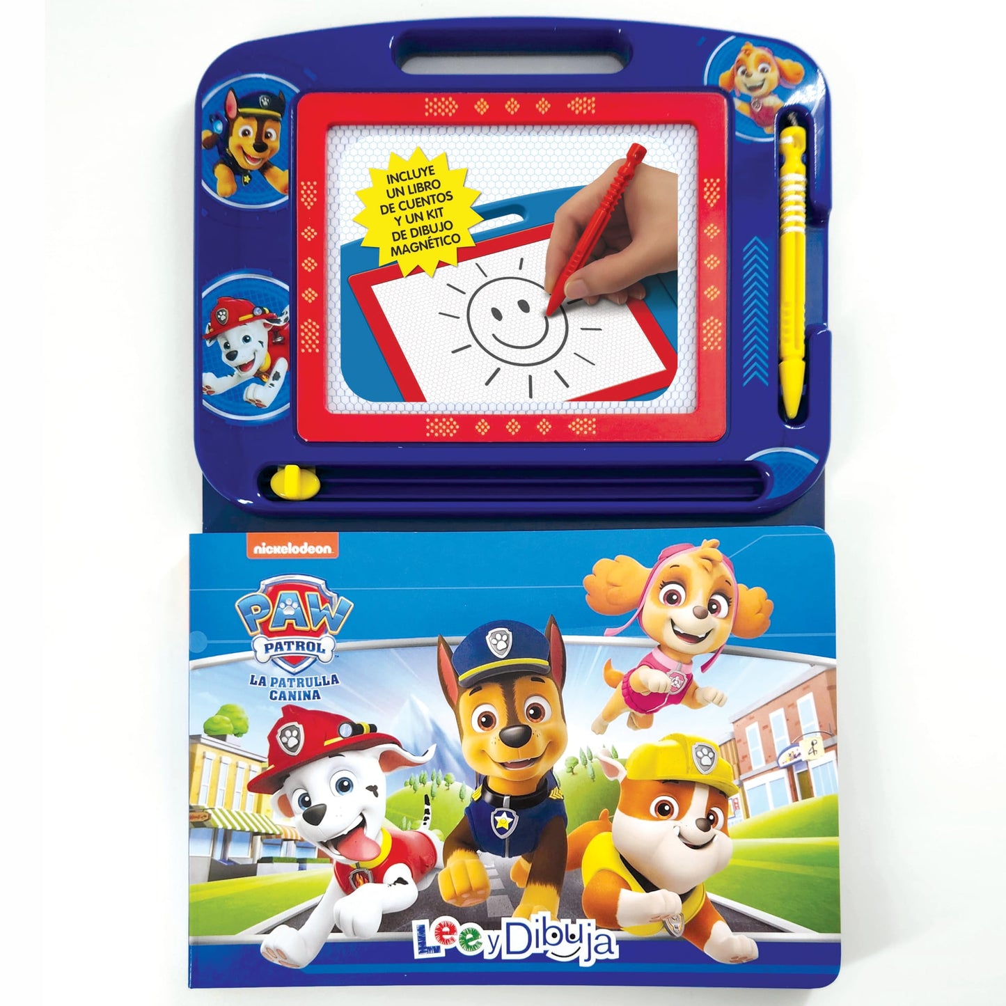 Paw Patrol La Patrulla Canina Lee y Dibuja - Recursos de aprendizaje para niños, una pizarra magnética, un lápiz fácil de usar, libro de cuentos de 22 páginas