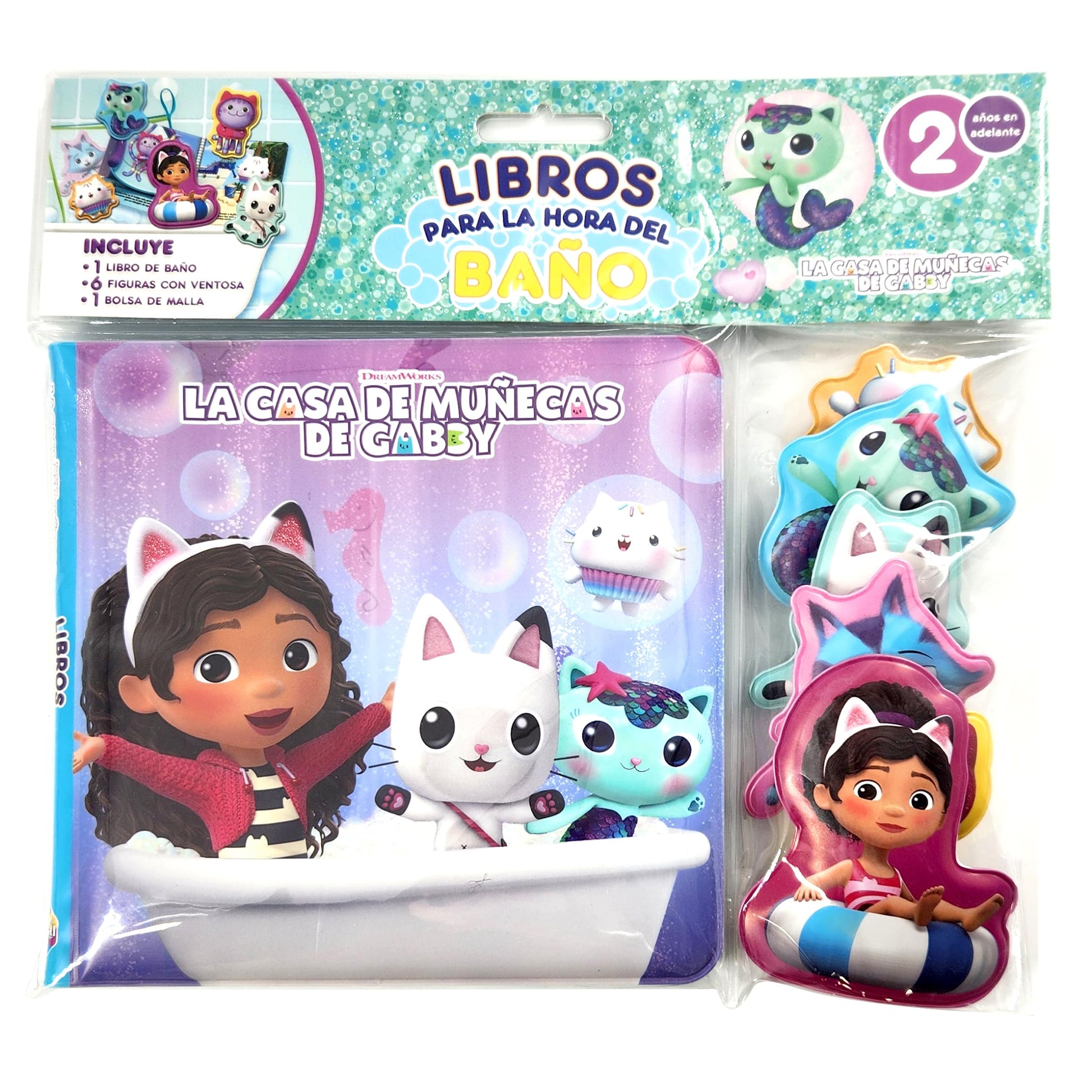 Libro: La Casa de Muñecas de Gabby Libros para la Hora del Baño - Libros de actividades para niños, 6 figuras con ventosa, 1 bolsa de malla