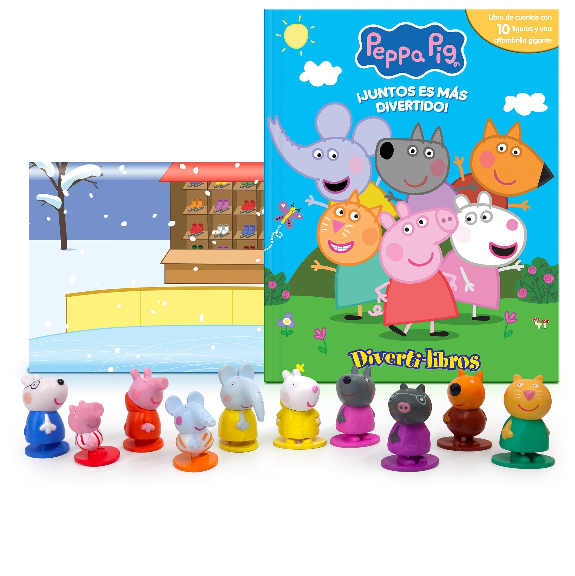 Libro: Peppa Pig ¡Juntos es más divertido! Diverti-Libros - Libro infantil de cuentos, 10 figuras, 1 alfombra de juego