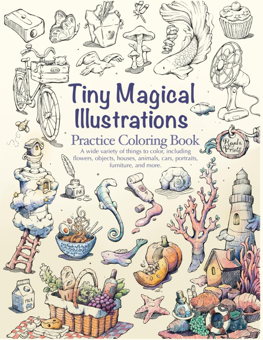 Libro: Tiny Magical Illustrations Practice Coloring Book: Flowers, Objects, Houses, Animals, Cars, Portraits, Furniture