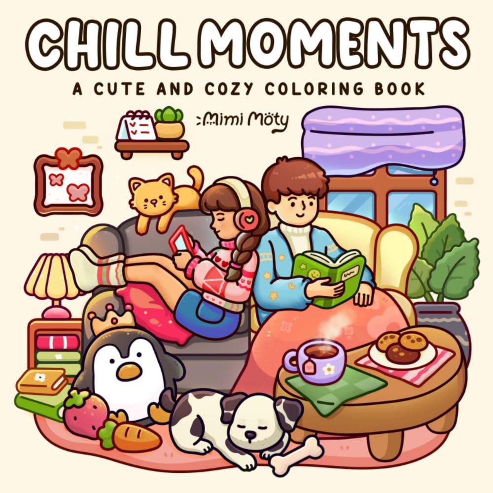 Libro: Chill Moments: A Cute and Cozy Coloring Book for Adults and Teens Featuring Girls and Boys in Relaxing Moments and Comfy Times for Stress Relief