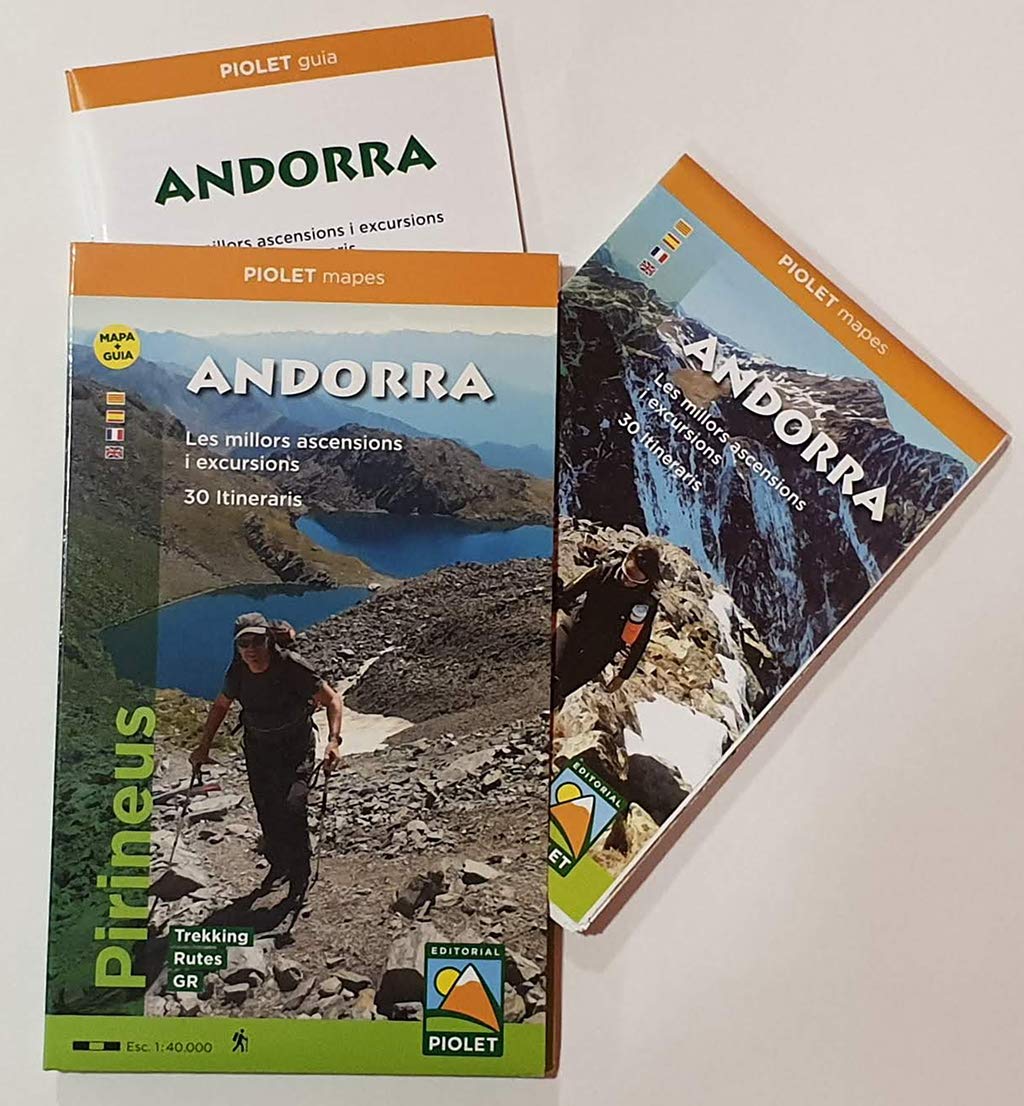 Libro: Andorra, Escala 1:40.00, 30 itinerarios. Mapa + guía de 48 páginas en 4 idiomas : catalán, castellano, francés e inglés. Piolet.