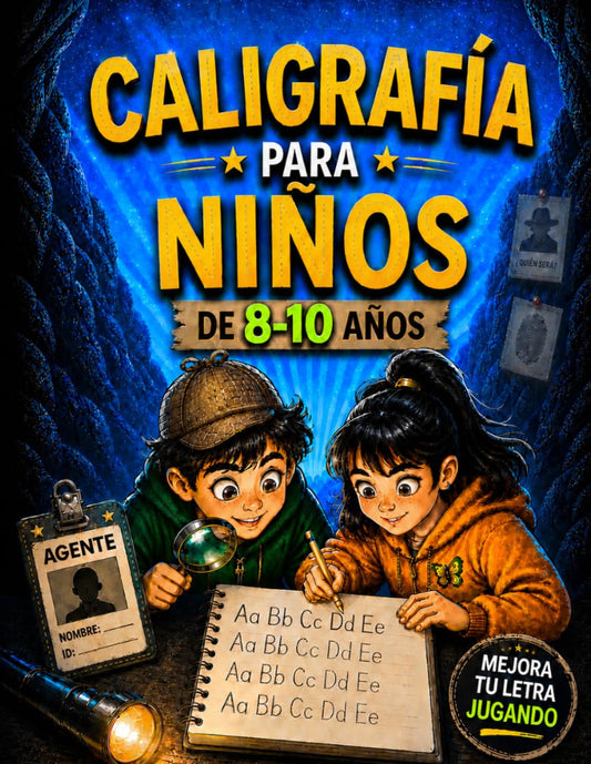 Caligrafía para niños 8, 9 y 10 años: Cuaderno agente secreto con misiones, chistes para niños, códigos secretos, laberintos, ilustraciones para colorear... Mejora tu caligrafía con pauta montessori