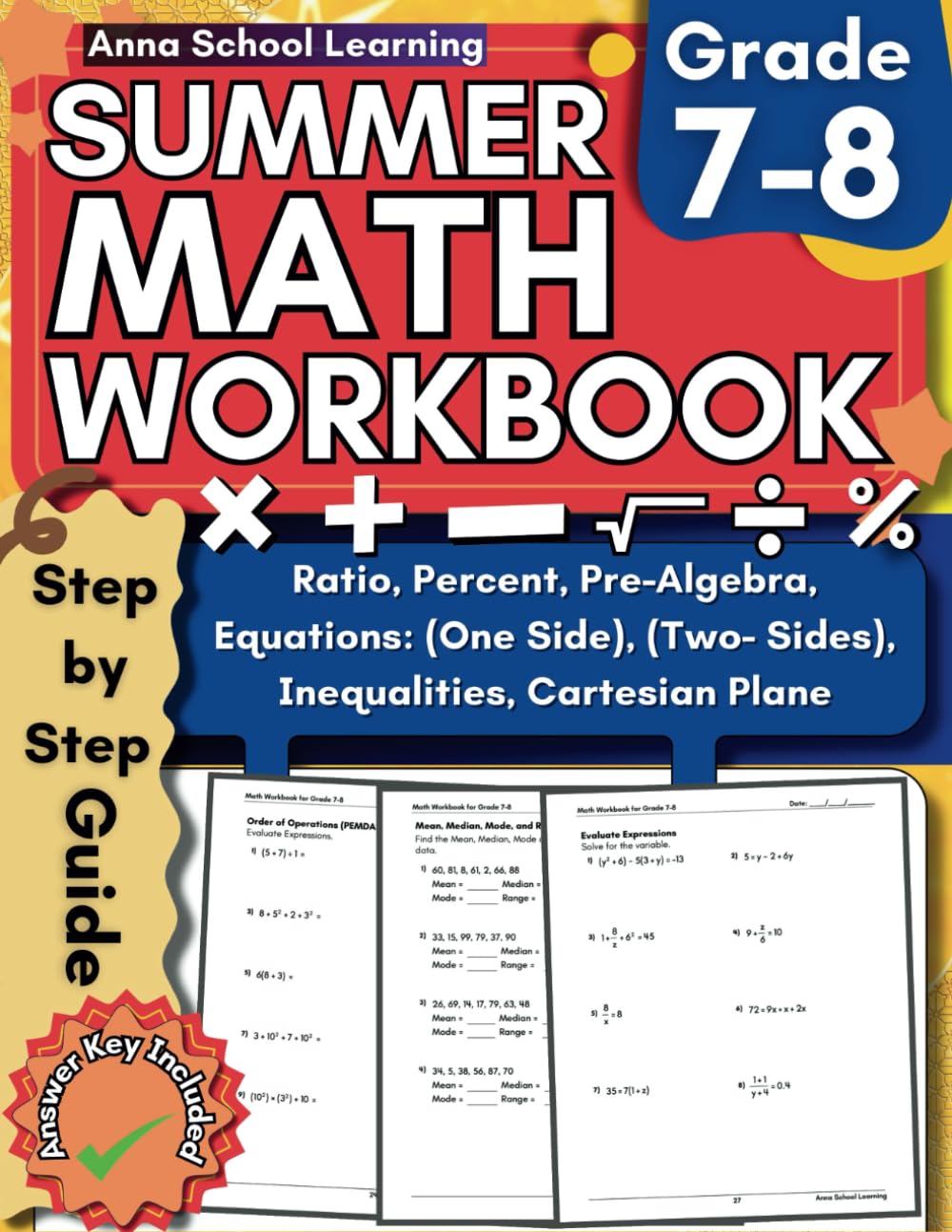 Libro: Summer Math Workbook Grade 7-8, With Equations One Side, Two Sides, Inequalities, Expressions, Ratio, Percentage, Statistics and Geometry Skills: 7th ... Math Summer Workbook With Answers, Ages 12-14