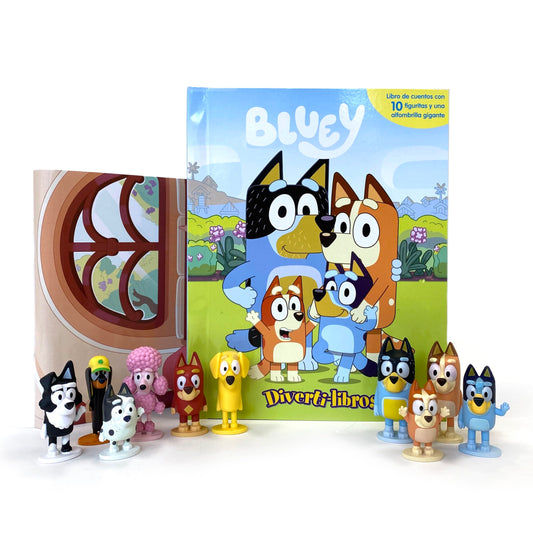 Bluey Diverti-Libros - Libro infantil de cuentos, 10 figuras, 1 alfombra de juego