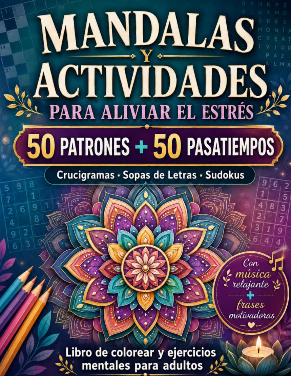 Libro: Mandalas y Actividades para Aliviar el Estrés: 50 Patrones + 50 Pasatiempos (Crucigramas, Sopas de Letras y Sudokus) para Aliviar la Ansiedad y ... para Adultos. (Colorea, juega y escapa)