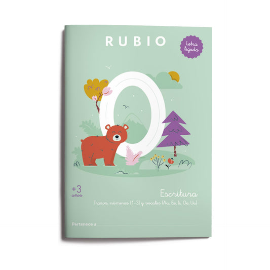 Escritura con letra ligada RUBIO +3 años | Cuaderno de trazos, números (1-3) y vocales (Aa, Ee, Ii, Oo, Uu). Tamaño A4