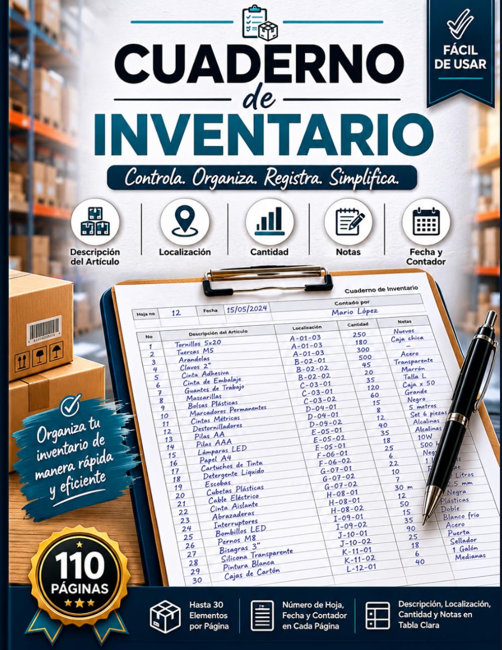 Libro: Cuaderno de Inventario: Registro Profesional de Inventario y Control de Artículos con Seguimiento de Existencias, Ubicación, Cantidades, Fechas y Observaciones para Empresas, Almacenes y Negocios