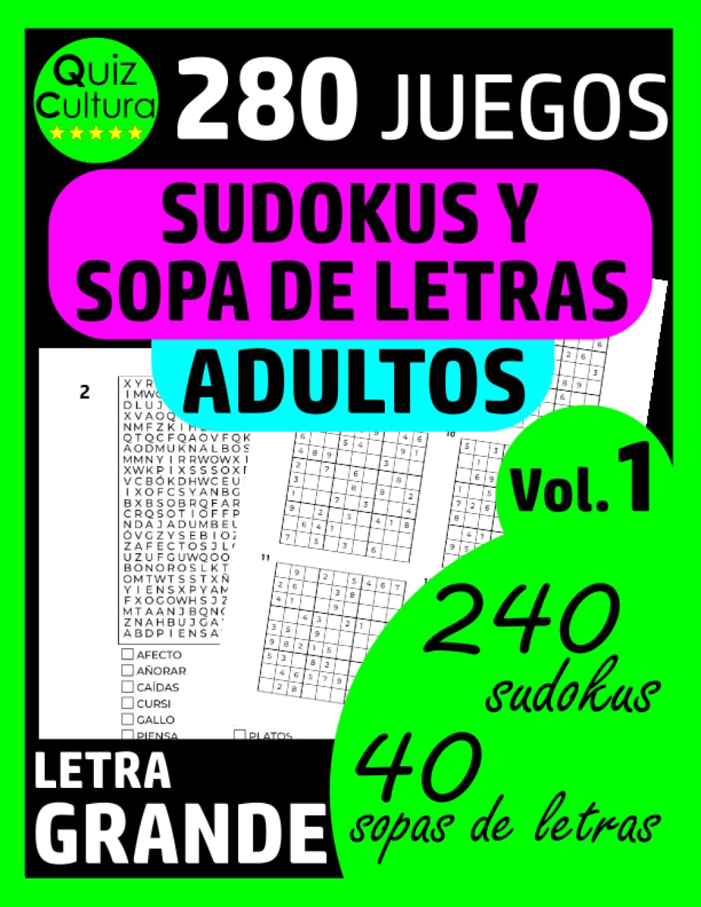 Libro: SUDOKUS y SOPA de LETRAS: para ADULTOS - LETRA GRANDE - Volumen 1