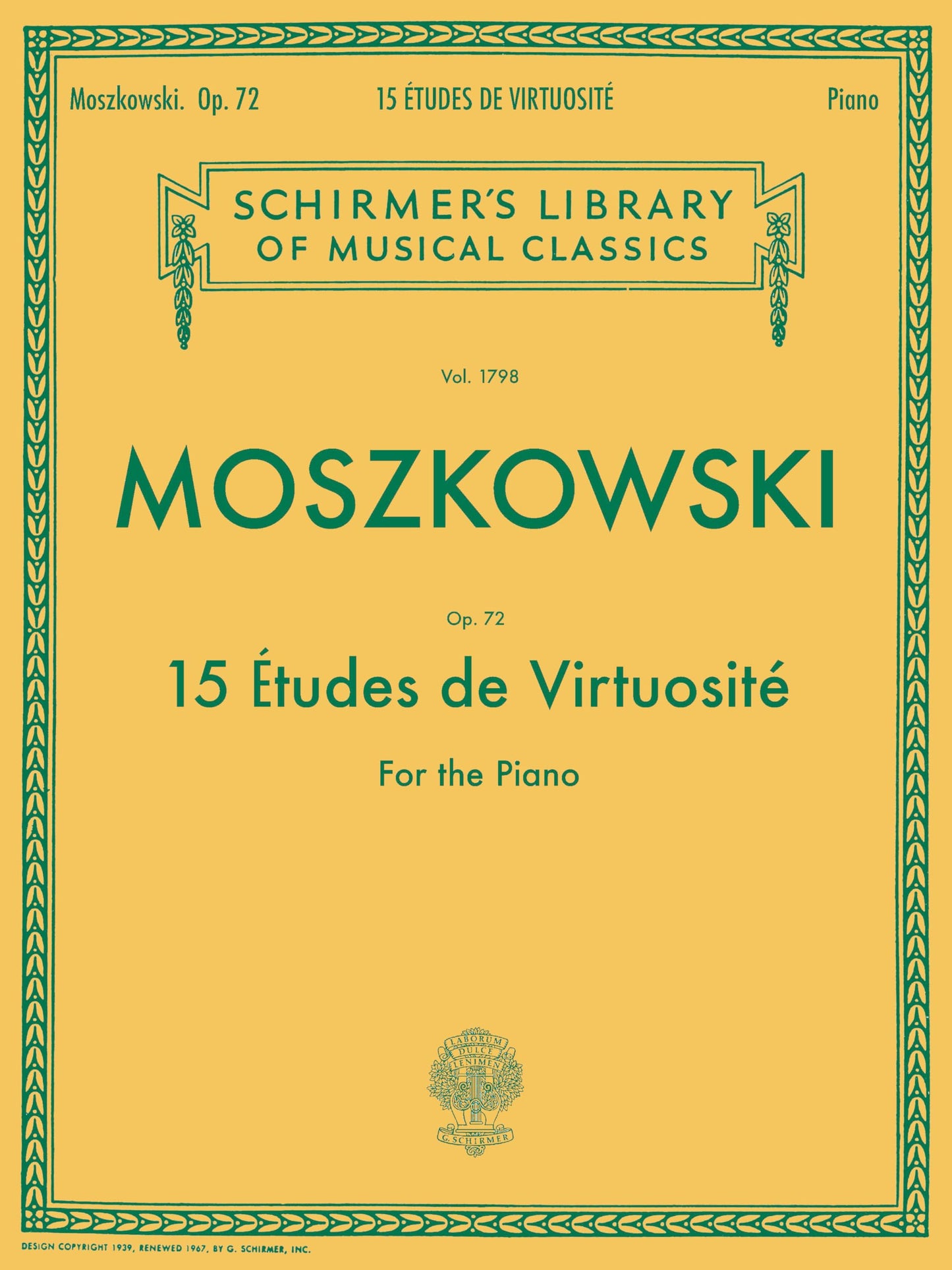 Libro: Moritz moszkowski: fifteen etudes virtuositie op.72 piano: Schirmer Library of Classics Volume 1798 Piano Solo