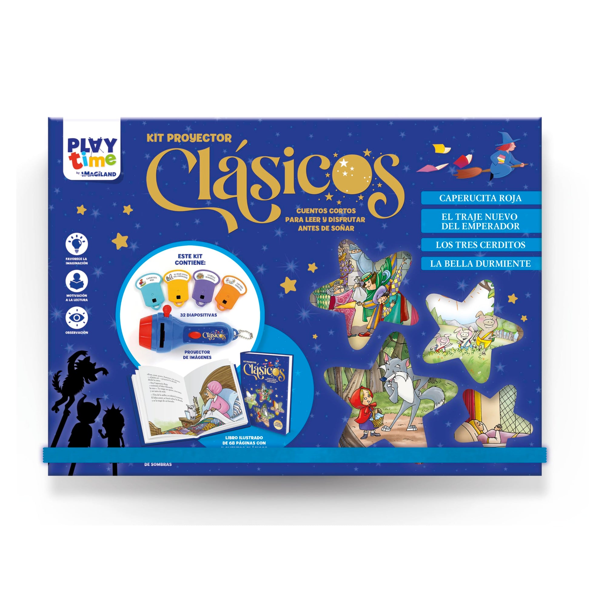 Libro: KIT PROYECTOR CUENTOS CLÁSICOS: CAPERUCITA ROJA, EL TRAJE NUEVO DEL EMPERADOR, LOS TRES CERDITOS, LA BELLA DURMIENTE - CAJA CON PROYECTOR