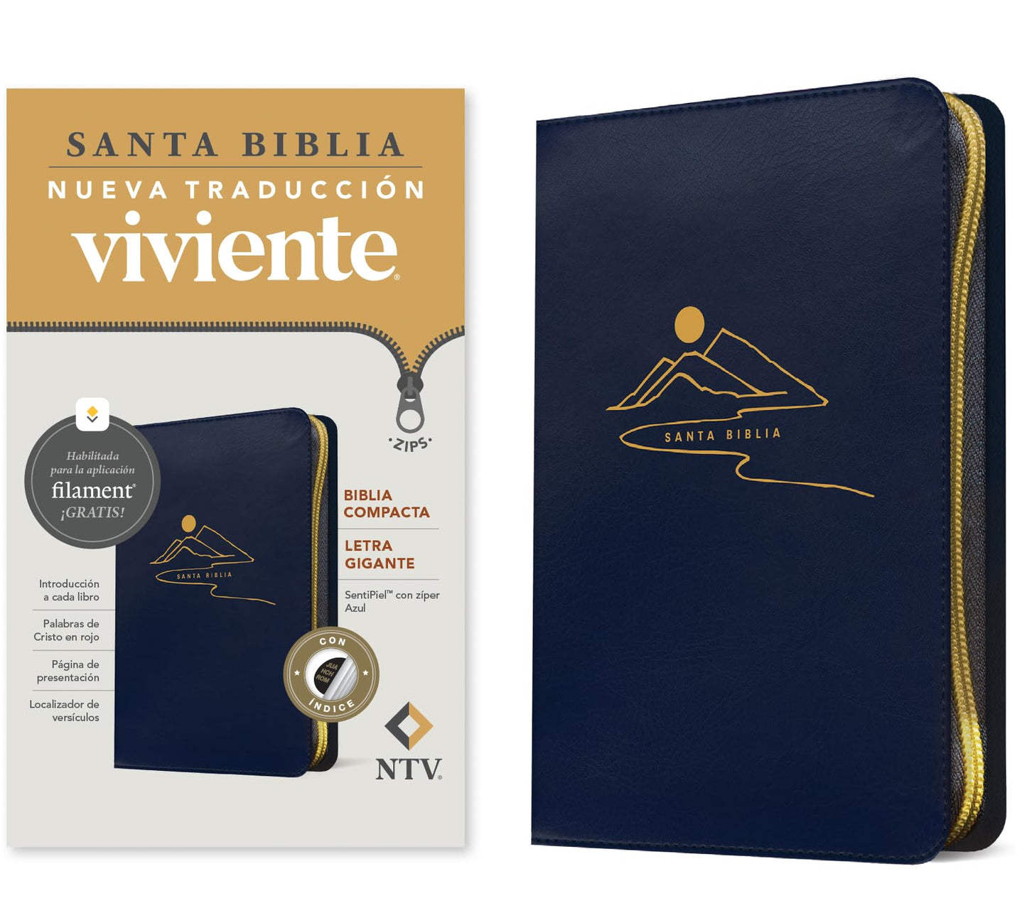 Libro: Biblia compacta NTV, letra gigante de zíper con Filament (SentiPiel, Azul, Índice, Letra Roja) (Spanish Edition)