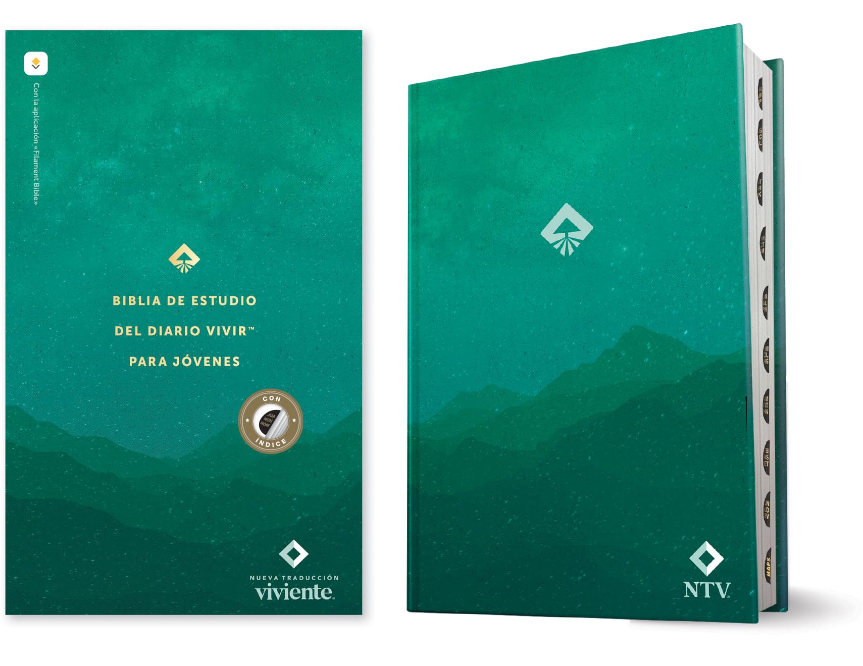 Libro: Biblia de estudio del diario vivir para jóvenes NTV con Filament (Tapa dura, Verde, Índice, Letra Roja) (Spanish Edition)