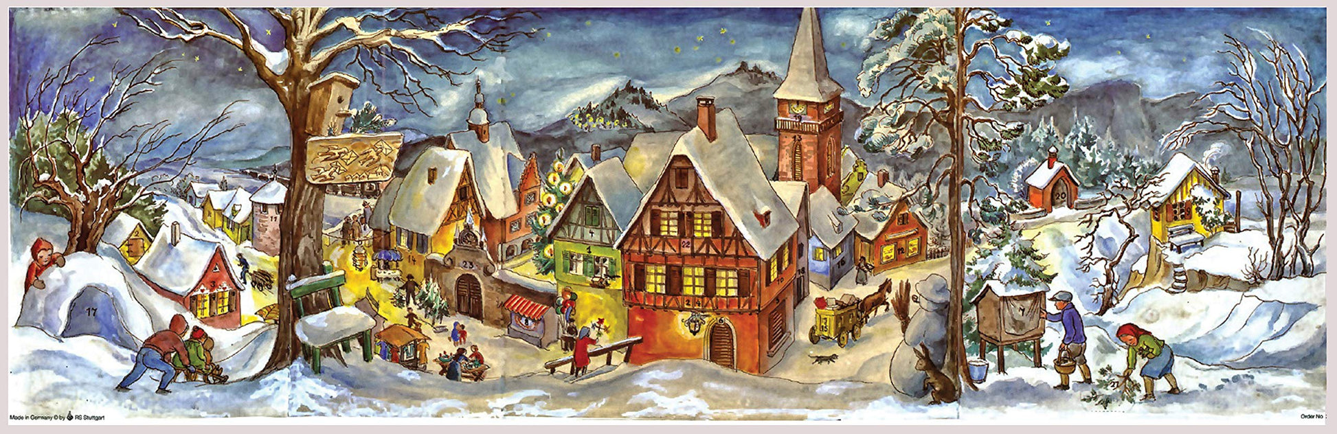 Libro: Richard Sellmer Verlag RS 265 Calendrier de l'Avent panoramique avec paillettes et fenêtre transparentes Motif village sous la neige 213 x 650 mm