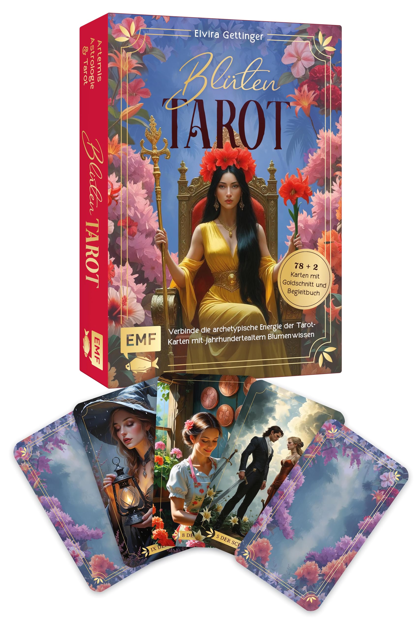 Libro: Tarot-Kartenset: Blütentarot | Verbinde die archetypische Energie der Tarot-Karten mit jahrhundertealtem Blumenwissen: 78 Karten plus 2 Bonuskarten mit Goldschnitt und bunt illustriertem Begleitbuch