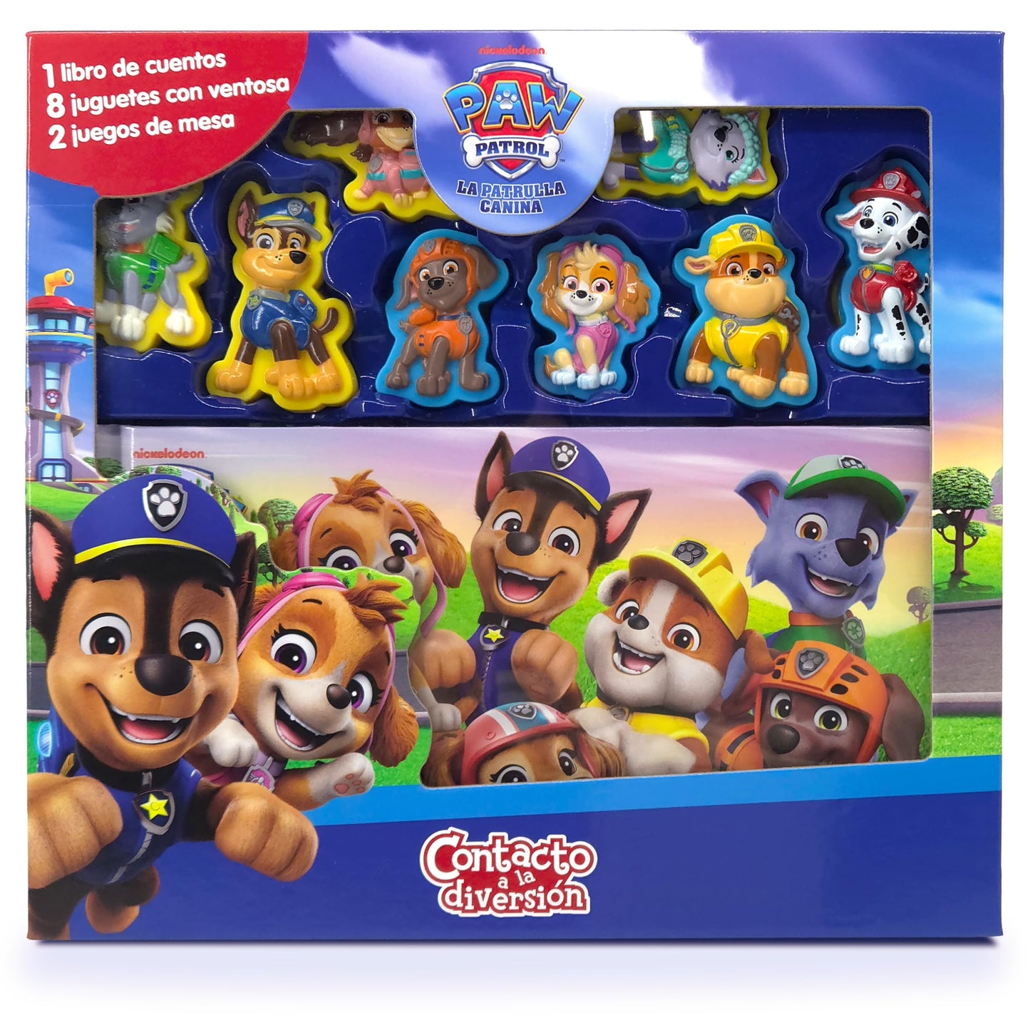 Libro: Paw Patrol La Patrulla Canina Contacto a la Diversión - Libros de actividades para niños, 1 libro de cuentos, 8 juguetes con ventosa, 2 juegos de mesa