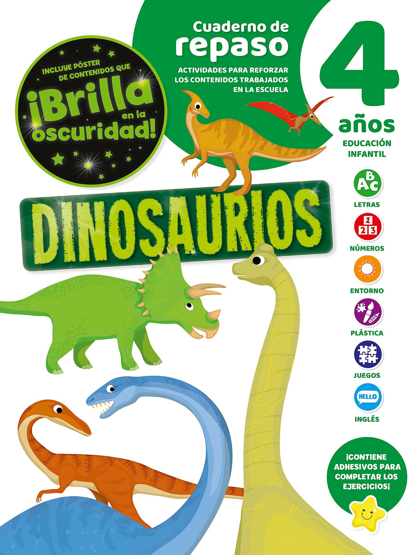 Libro: Cuaderno de repaso Dinosaurios con poster luminiscente 4 años