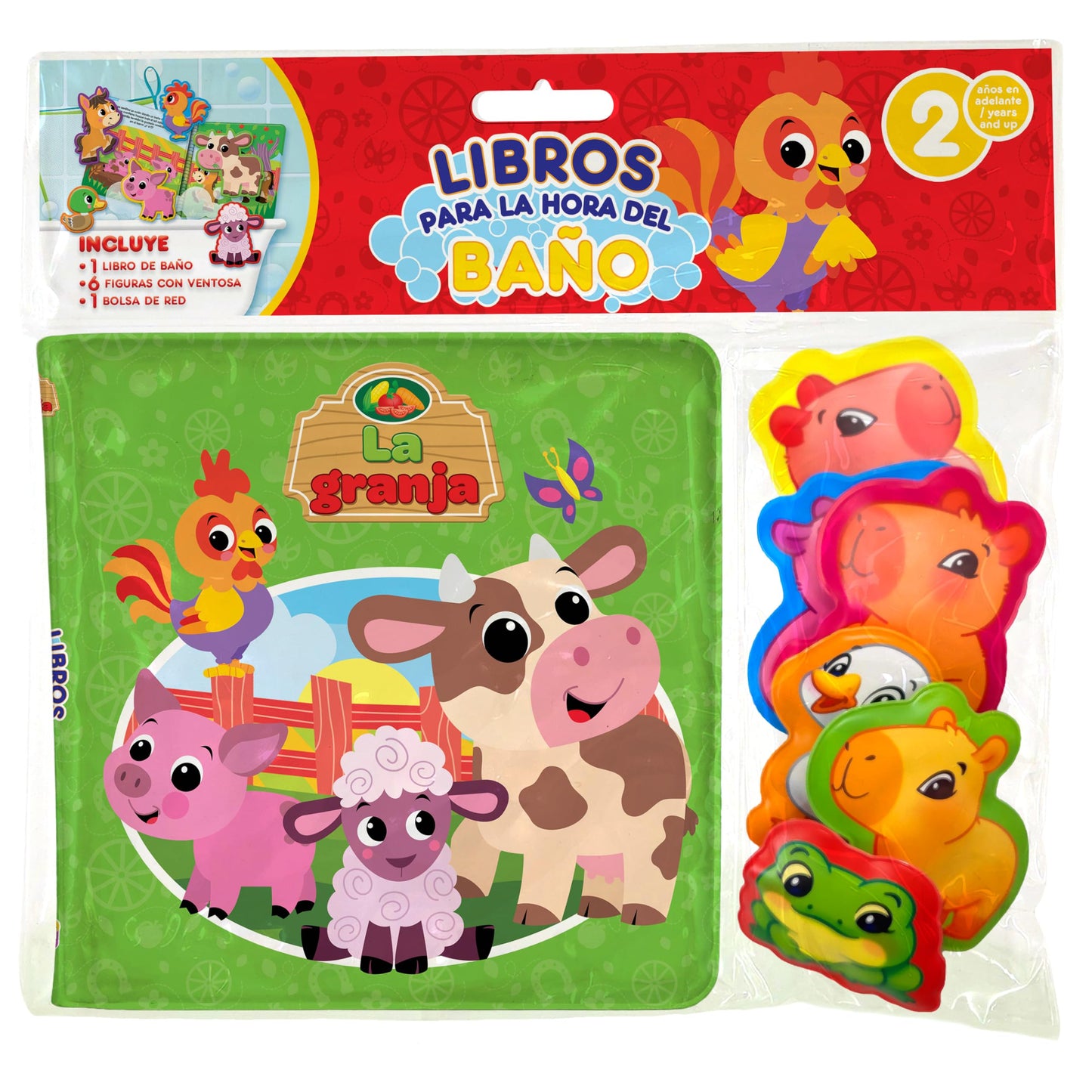 Libro: La Granja Libros para la Hora del Baño - Libros de actividades para niños, 6 figuras con ventosa, 1 bolsa de malla