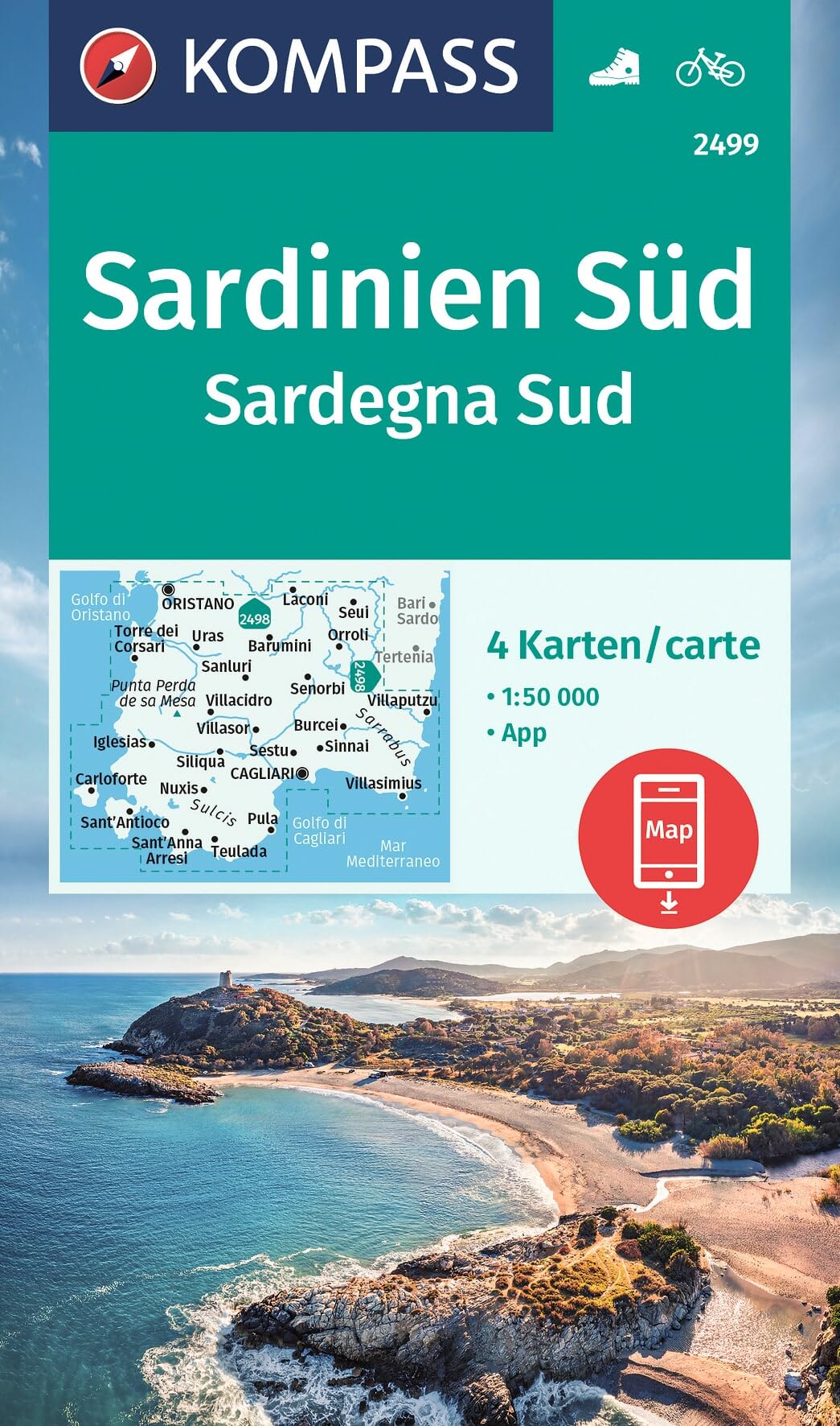 Libro: Cartina escursionistica n. 2499 Sardegna Sud; set di 4 cartine: Includes map for offline use in the KOMPASS app. Cycling.
