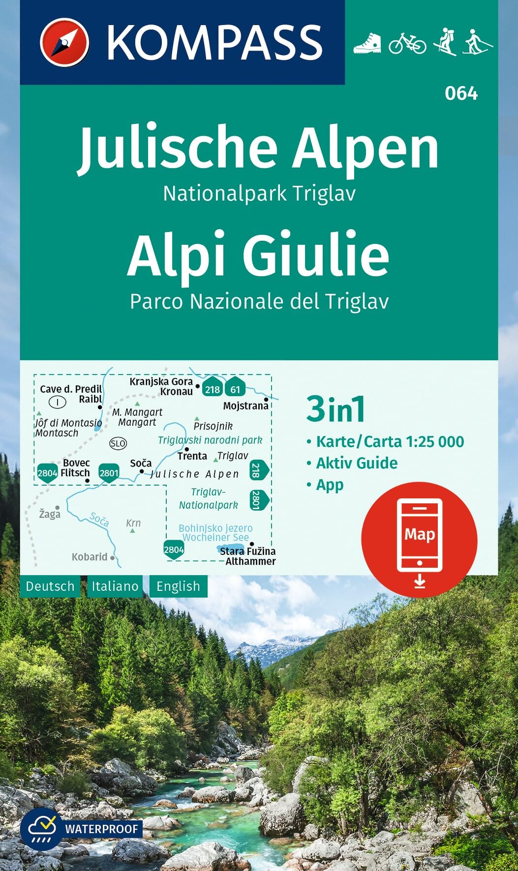 Libro: Julian Alps, Triglav National Park / Alpi Giulie 1:25,000: 3-in-1 hiking map with activity guide, including a map for offline use in the KOMPASS app: 064 (Kompass Wanderkarten)