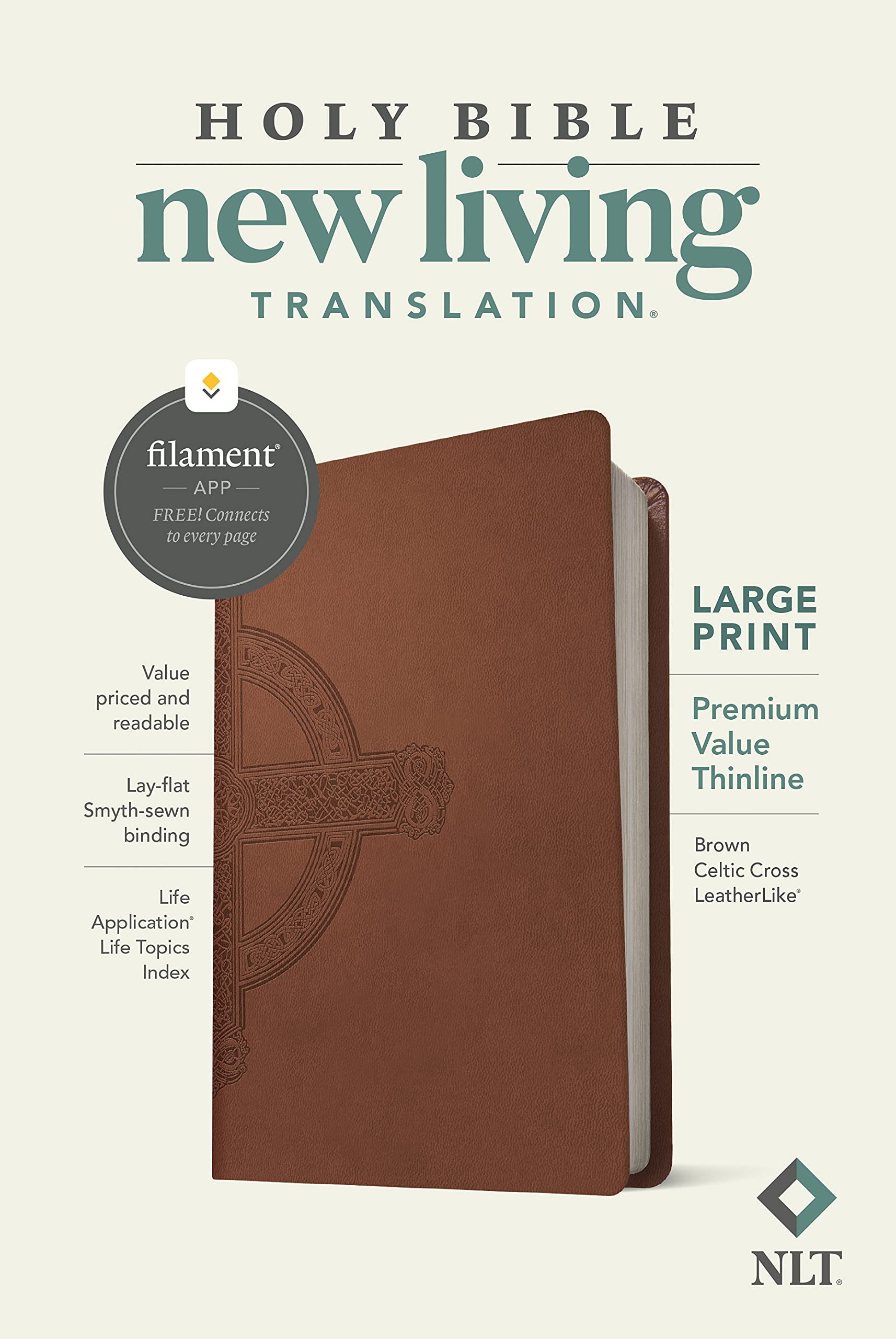 Libro: NLT Large Print Premium Value Thinline Bible, Filament: New Living Translation, Brown Celtic Cross, Leatherlike, Premium Value Thinline Bible, Filament Enabled