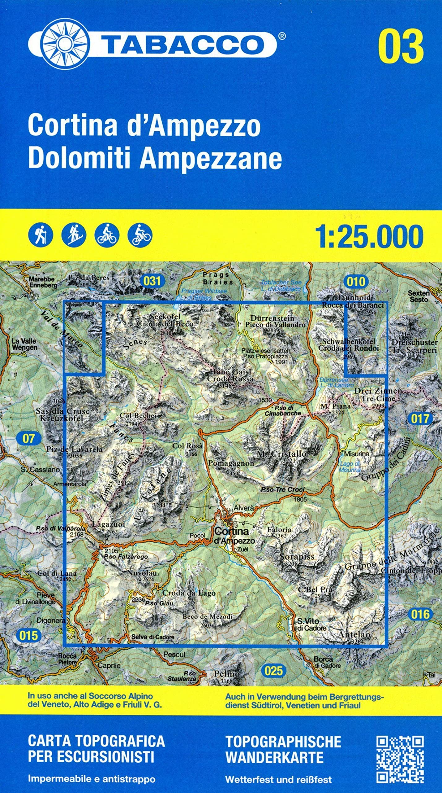 Libro: Cortina d'Ampezzo e Dolomiti Ampezzane. Carta topografica in scala 1:25.000, antistrappo, impermeabile, fotodegradabile: 03