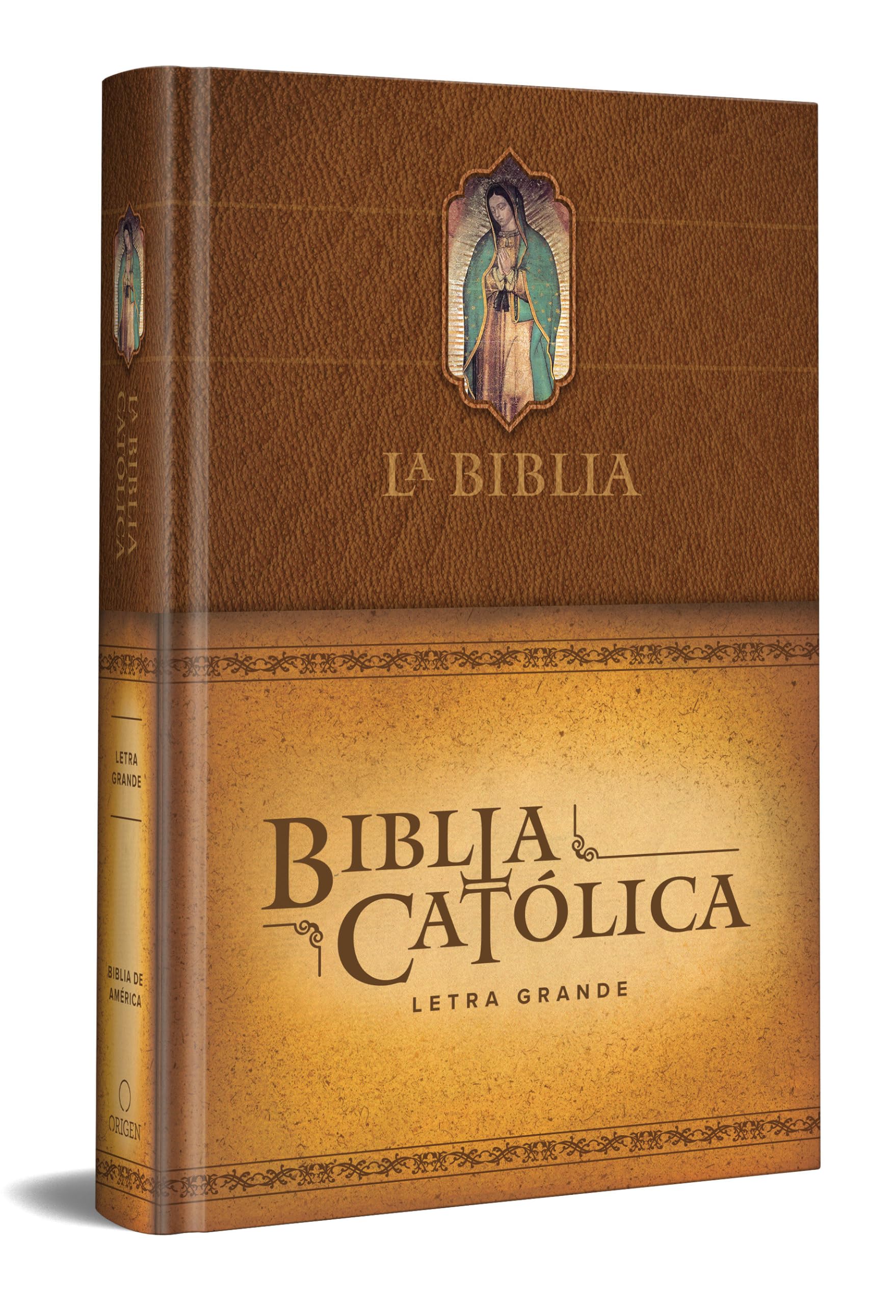 Libro: La Biblia Católica: Edición letra grande. Tapa dura, marrón, con Virgen de Guadalupe en cubierta / Catholic Bible. Hard Cover, brown, with Virgen (Spanish Edition)